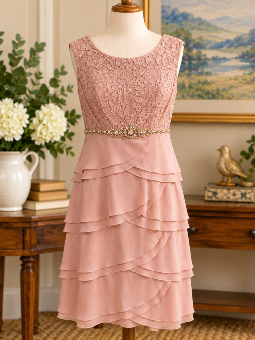 Jessica Howard Blush Lace Tiered Embellished Dress, Size 12P NWT
